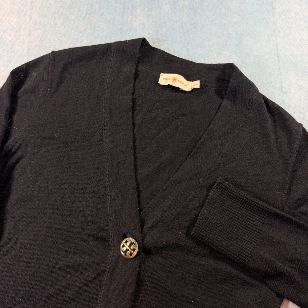Tory Burch Cardigan Women S Black Fair Merino Wool Gold Logo Buttons Missing
